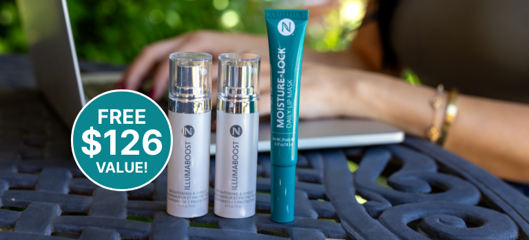 Age IQ Invisi-Bloc SPF40 Sunscreen Gel and Moisture-Lock Lip Mask in front of a woman on her laptop